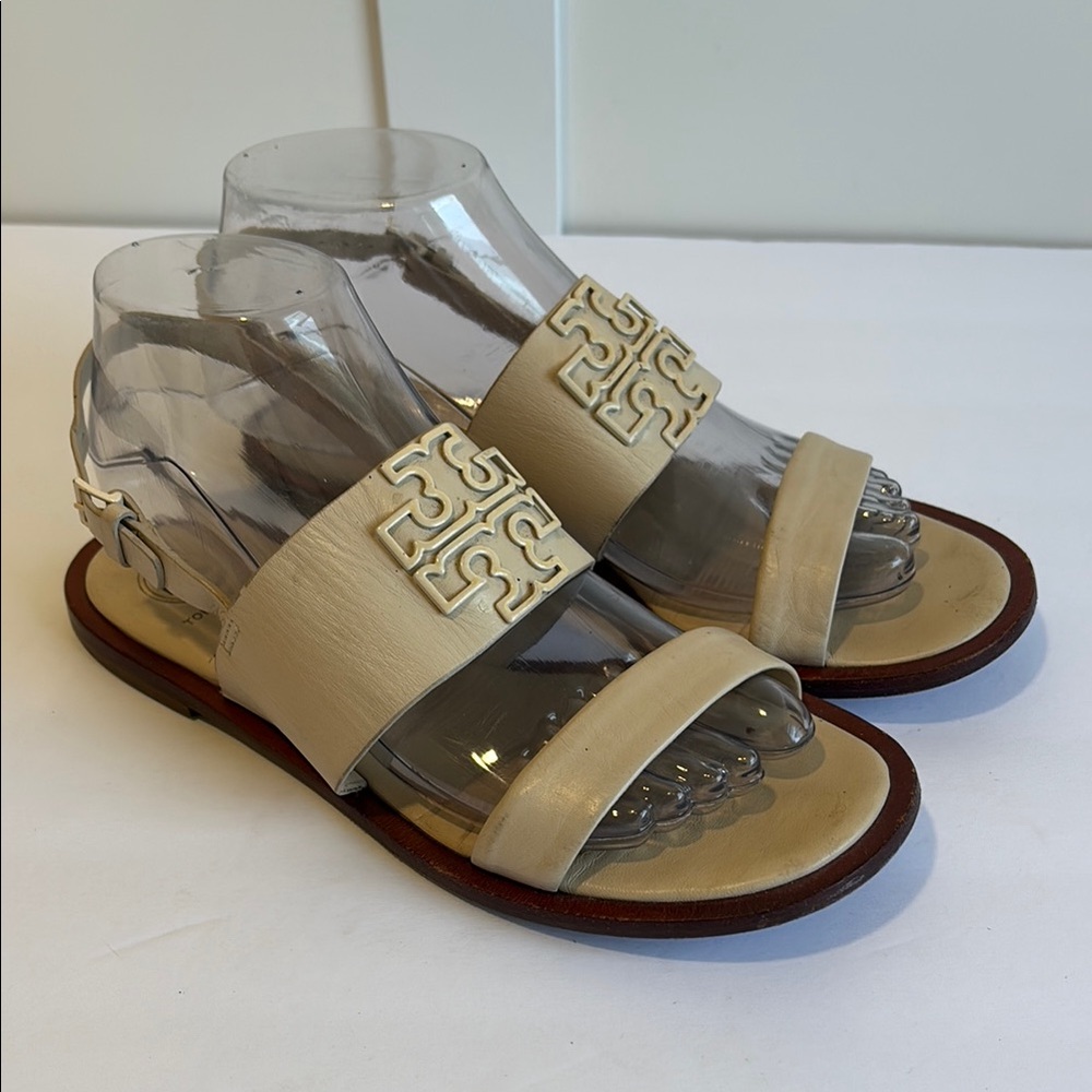 Tory Burch Cream Leather Double-Strap Logo Flat Sandals